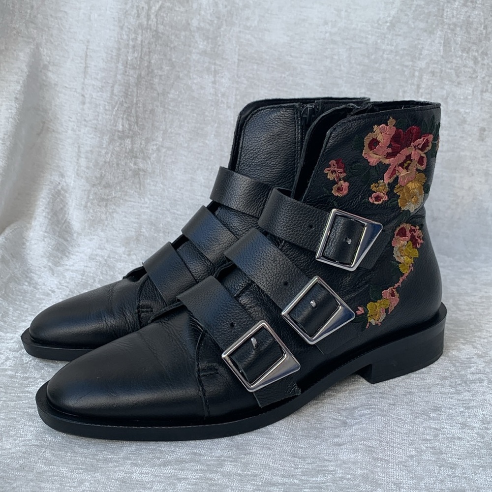 Zara Trafaluc Floral Embroidered Black Buckle Booties - Picture 3 of 12